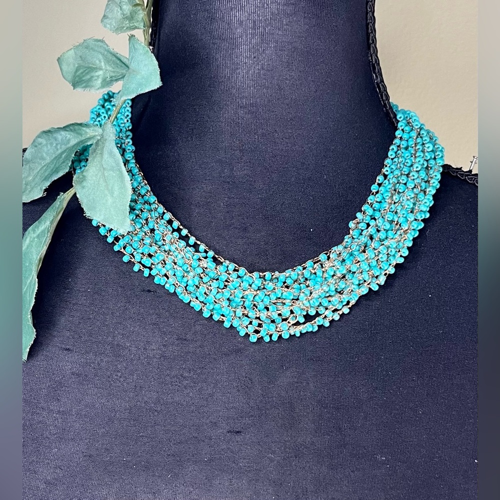 Handcrafted crochet mesh and turquoise beaded necklace and matching bracelet